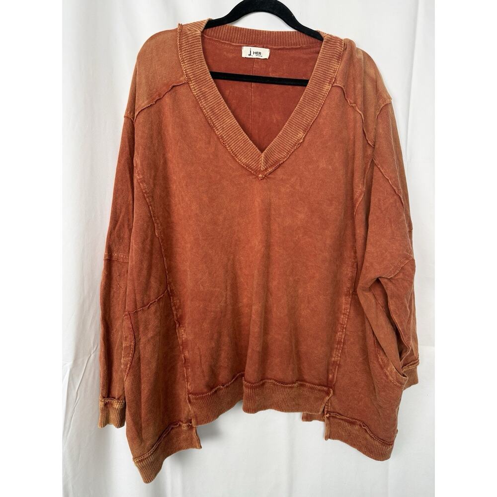 j.HER Women’s Oversized Washed Cotton V-Neck Sweatshirt Rust Burnt Orange Small